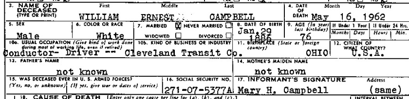 William Ernest Campbell Death Certificate Snippet